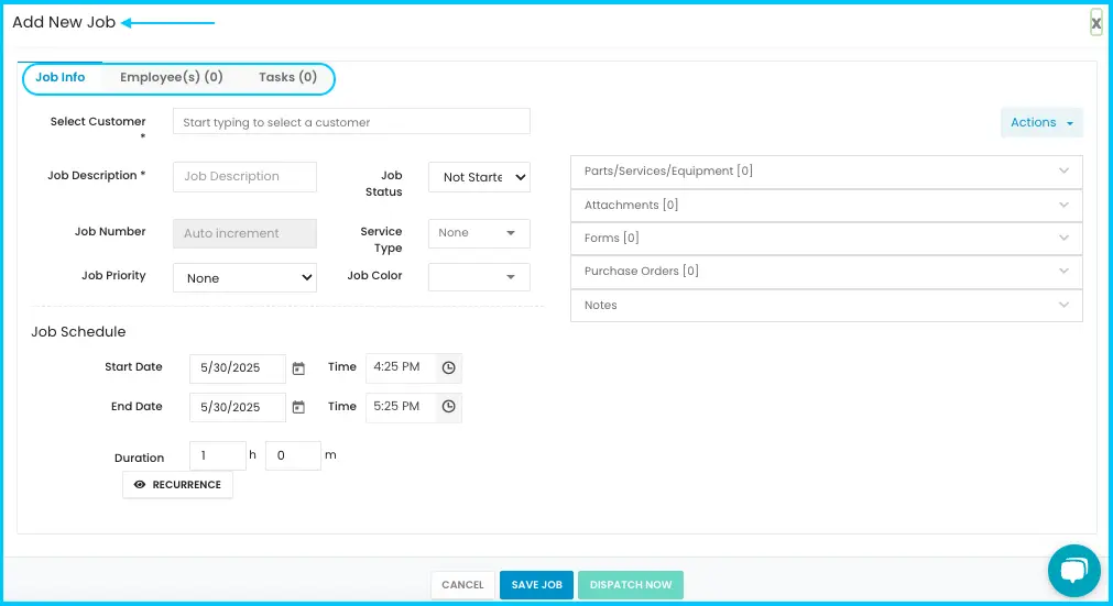 The Add New Job window with the Job Info, Employees and Tasks tabs