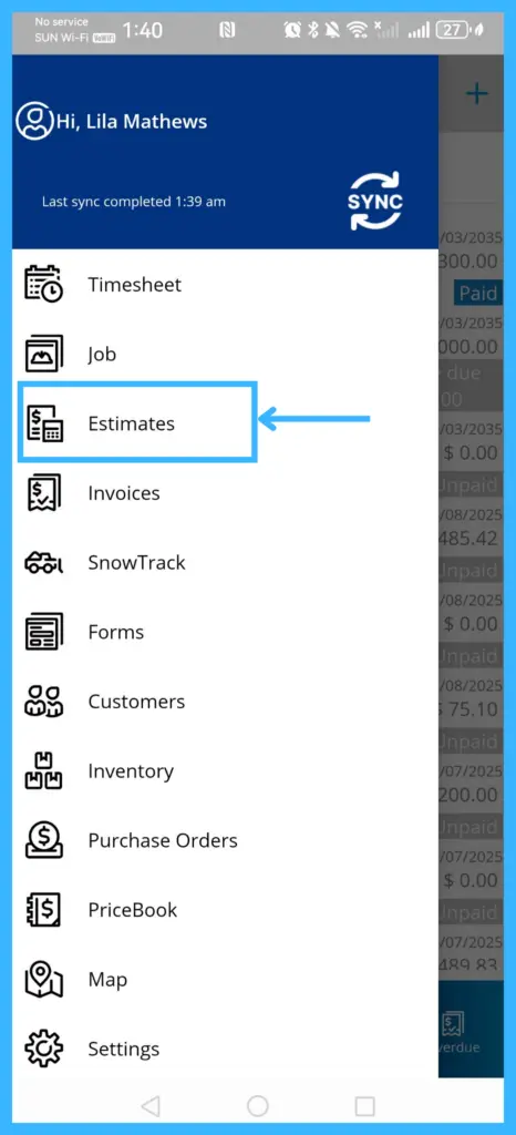 The app menu with Estimates and Invoices