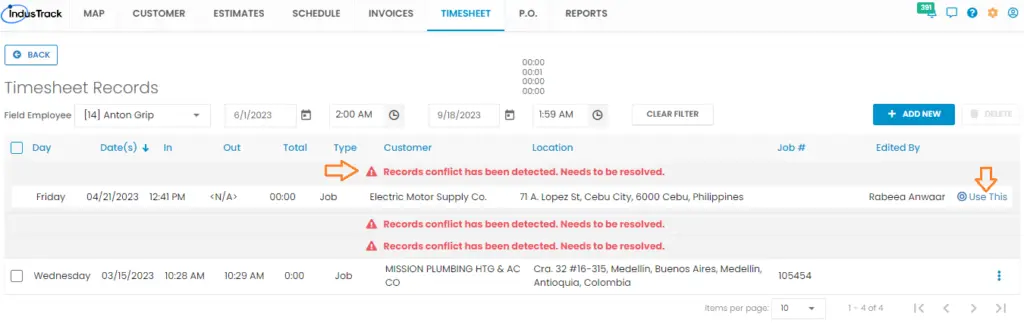 Red conflict messages on an employee's timesheet records