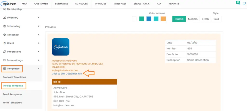 The Invoice Template with Click to edit Customer Info