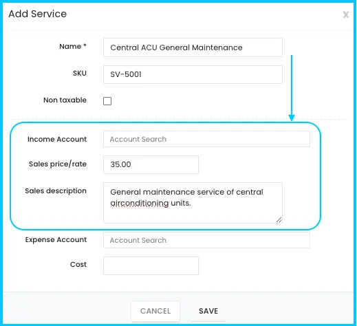 The Income Account, Sales Price/Rate and Sales Description fields for a service