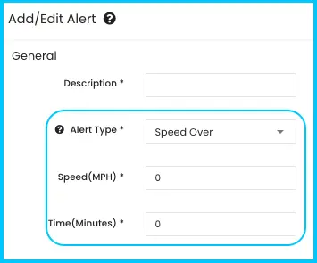 Speed Over alert settings with the Speed (MPH) and Time (Minutes) fields