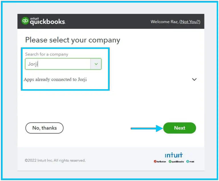 The Next button after choosing a company