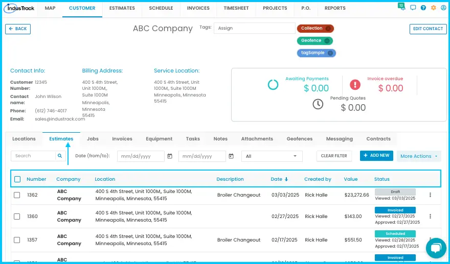 The Estimates tab with the customer's estimates and their status