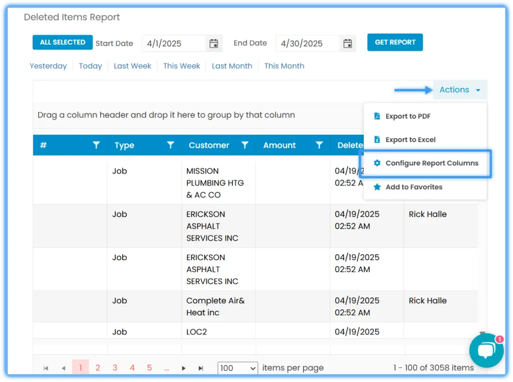 The Configure Report Columns window