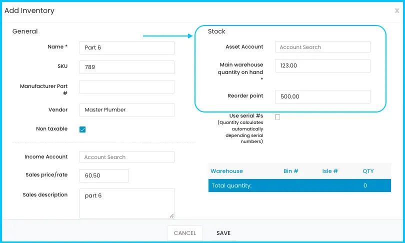 The stock details: Asset Account, Main Warehouse Quantity on Hand and Reorder Point