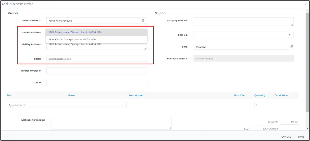 Choosing one of a vendor's locations in the Vendor Address field