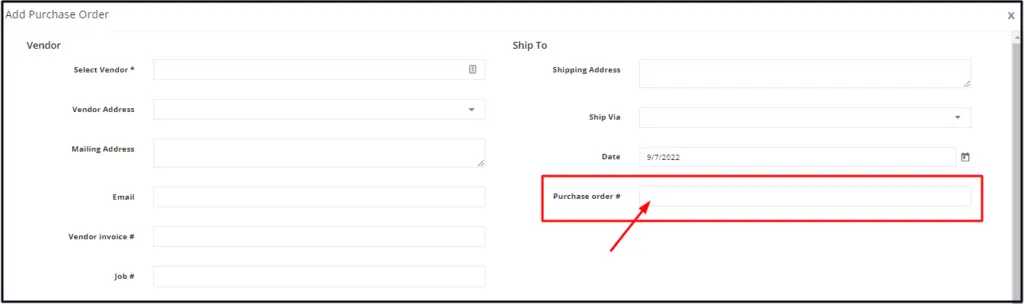 Typing a number in the Purchase Order # field