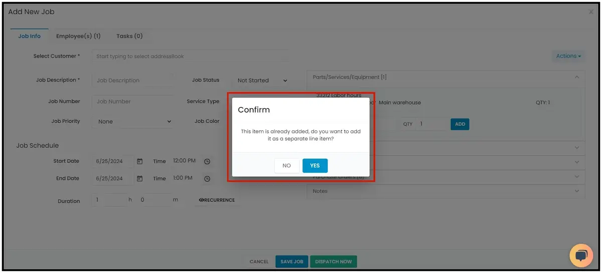 Adding the same part, service or equipment line item to a job again