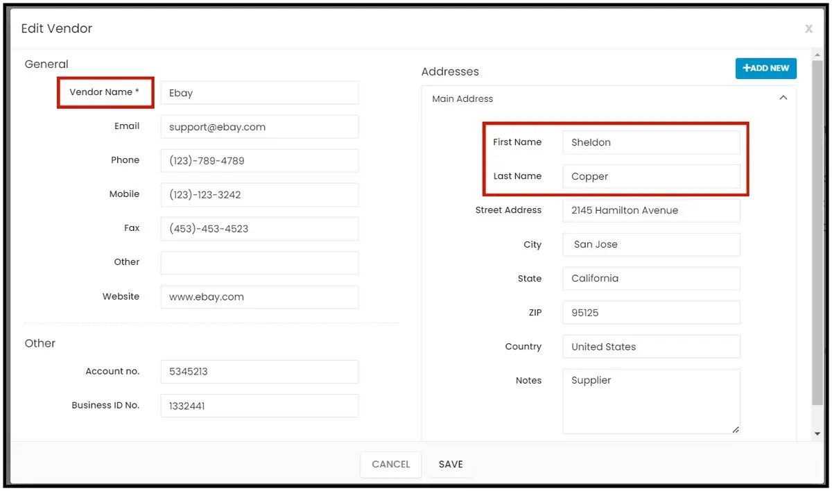 Adding a vendor with contact first and last name