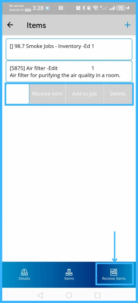 Receive Item, Add to job and Delete options on a purchase order item