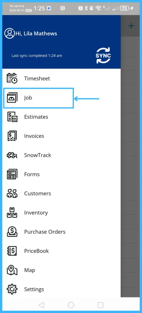 The app menu with Job selected