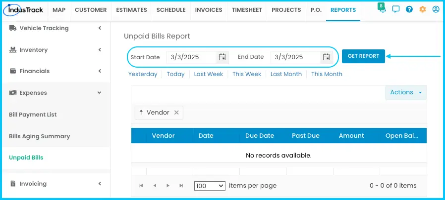 Choosing the start and end date for the Unpaid Bills report