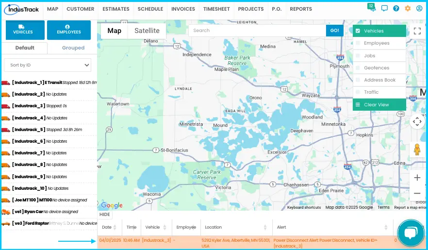An empty alert window at the bottom of the Map page