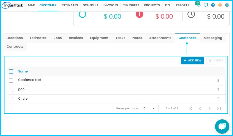 The Geofences tab with the geofence list and the Add New and Delete buttons