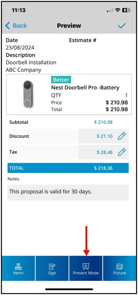 Present Mode on an estimate