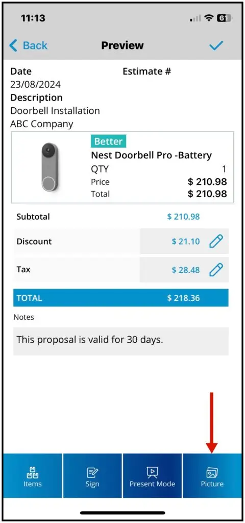 The Picture tab on an estimate