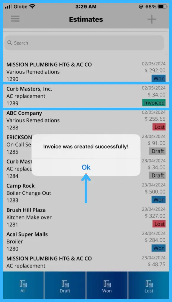 An estimate with the status Invoiced after Convert to Invoice