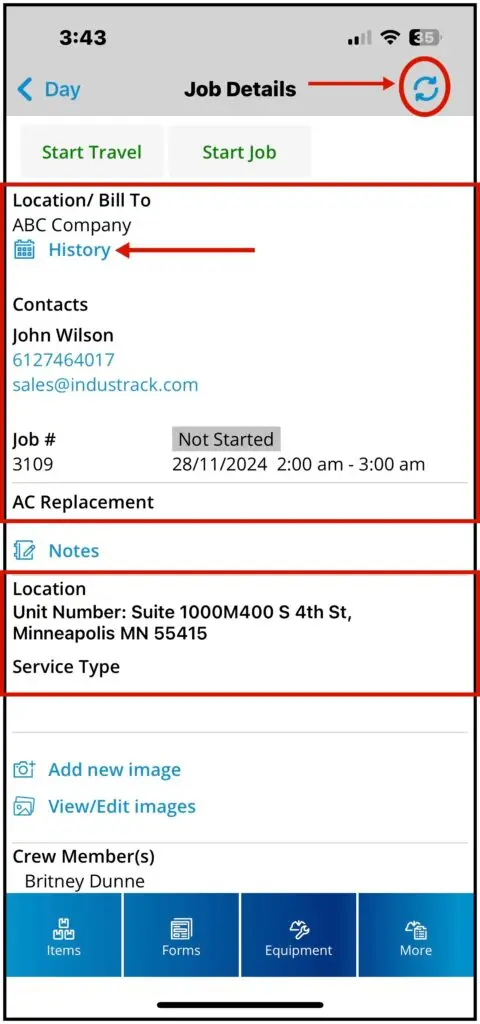 The job details page with customer, location, description and the sync icon