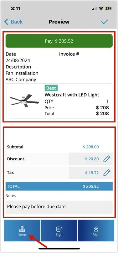 Pay Invoice options: Cash, Credit Card and Check