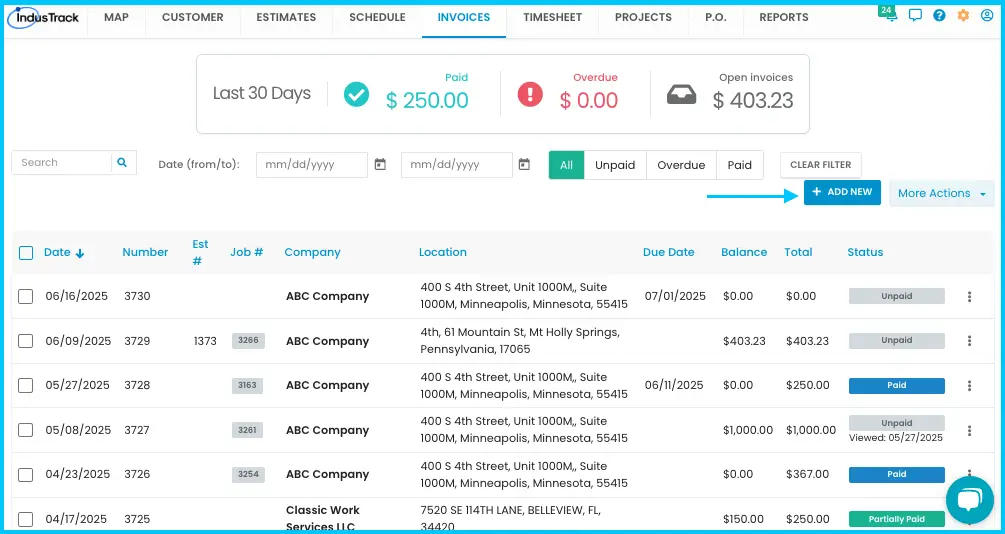 The Add New button in the Invoices module