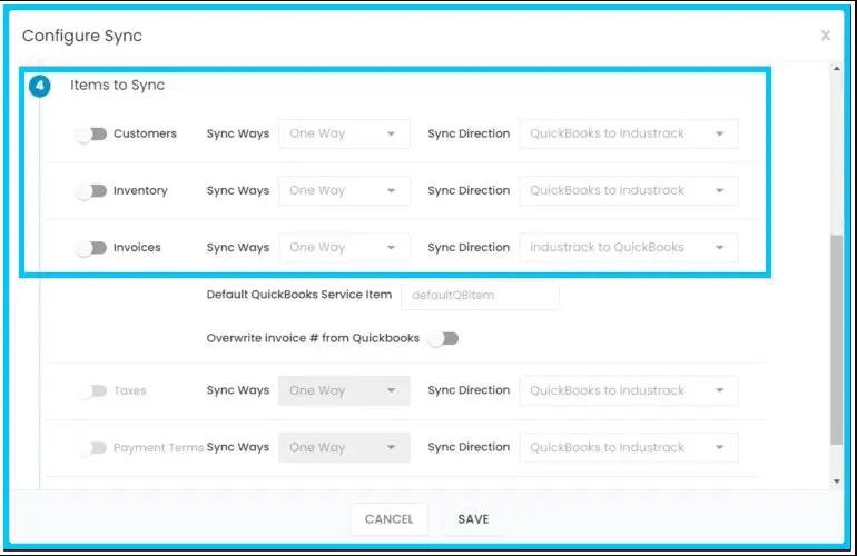 Choosing to sync Customers, Inventory and Invoices