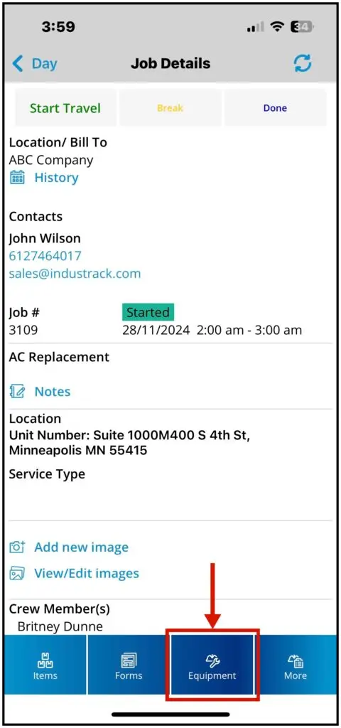 The Equipment tab on a job