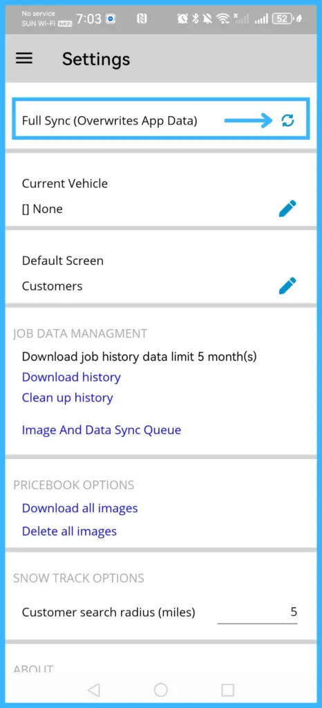 The sync icon on the dashboard and the Full Sync warning