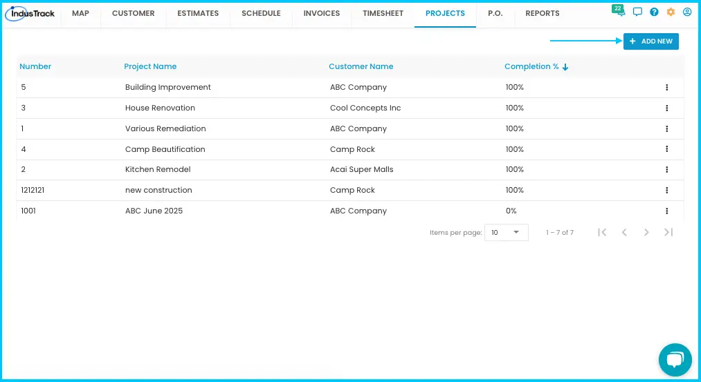 The + Add New button on the Projects page
