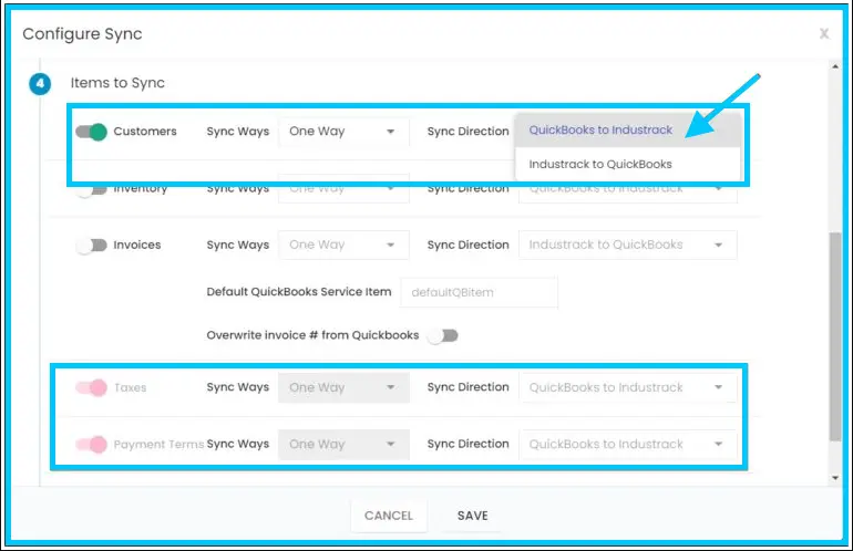 One-way customer sync from QuickBooks to IndusTrack, with taxes and payment terms