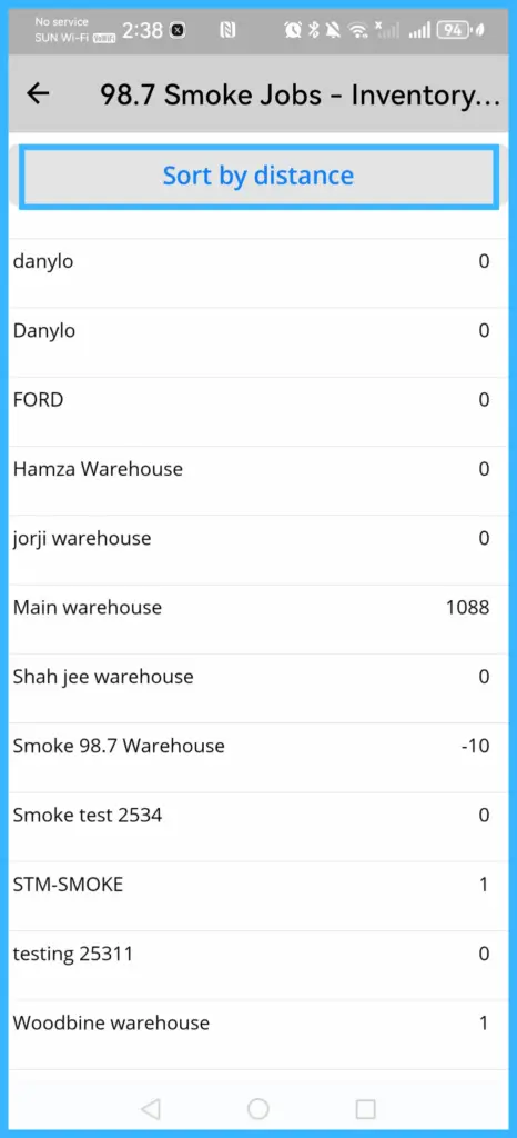 Part Details listing warehouses, with Sort by Distance