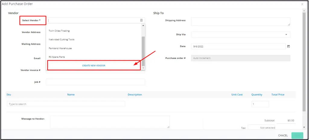Create New Vendor at the bottom of the vendor list