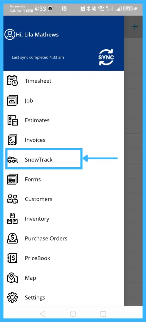 The app menu with SnowTrack