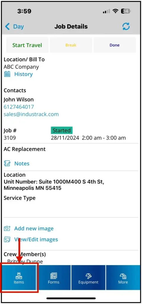 The Items tab on a job
