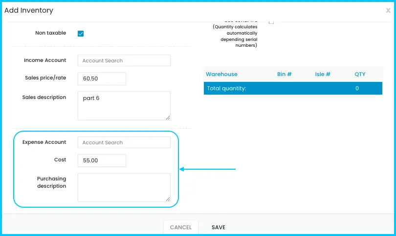 The Expense Account, Cost and Purchasing Description fields