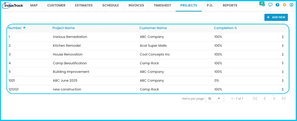 The Projects page with the list of projects
