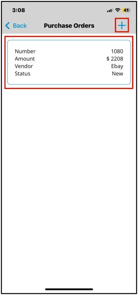 The job's purchase order list with number, amount, vendor and status