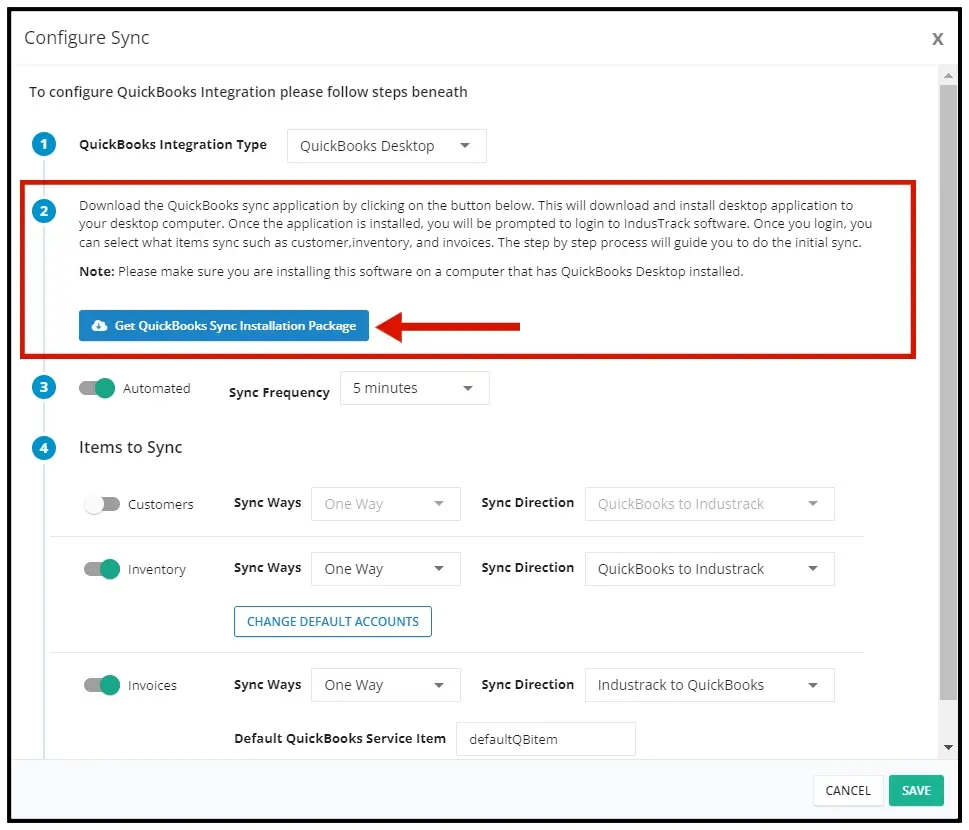 The Get QuickBooks Sync Installation Package button