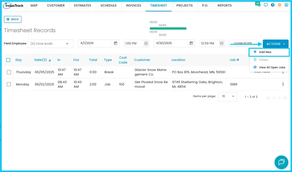 The + Add New option for a new timesheet entry