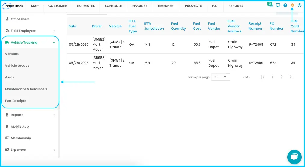 The Vehicle Tracking settings menu, showing Vehicles, Vehicle Groups, Alerts, Maintenance & Reminders and Fuel Receipts