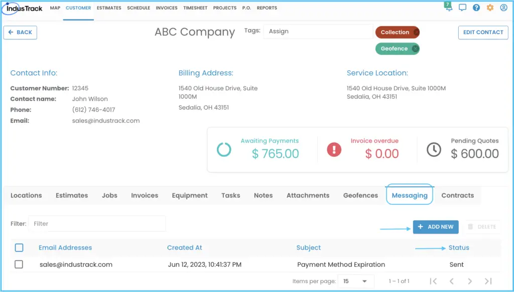 The Messaging tab with emails sent to the customer