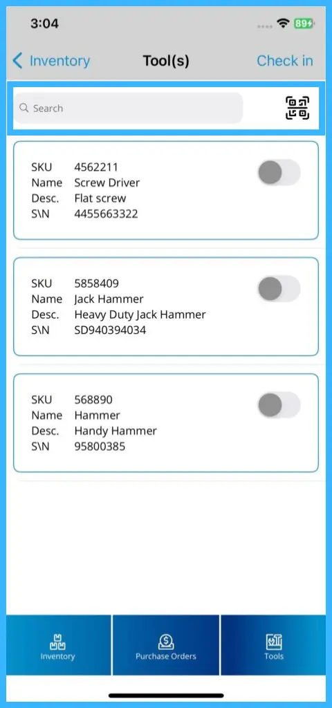 Searching or scanning to find a tool