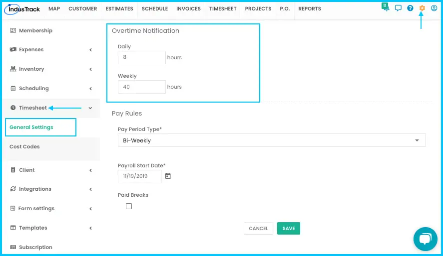 The Overtime Notification section in Timesheet General Settings
