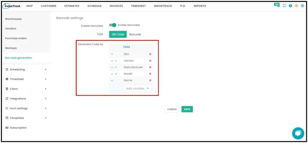 Barcode generation settings with field variables