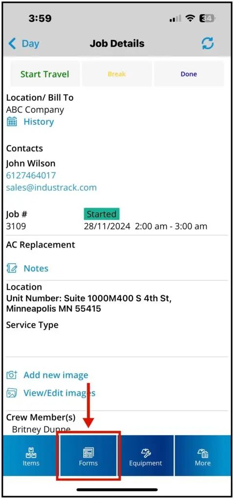 The Forms tab on a job