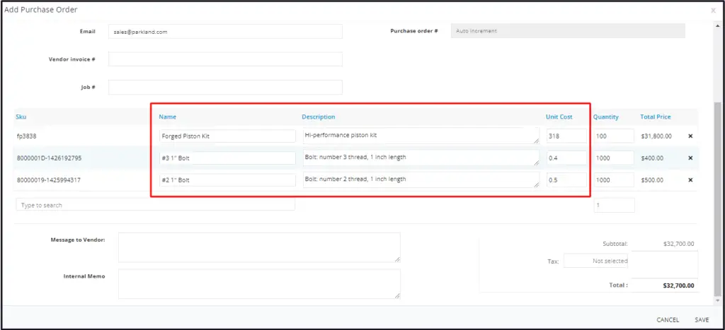 Editing an item's description and unit cost on the purchase order