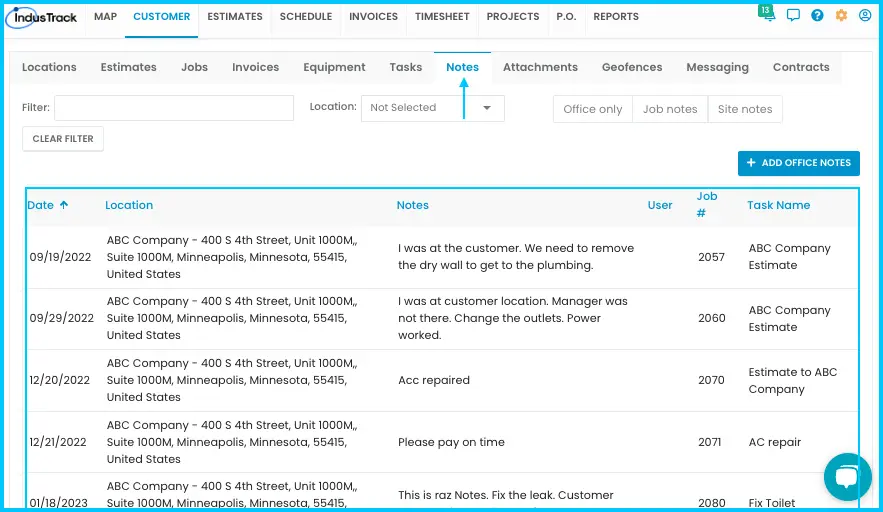 The Notes tab with office, job and site notes