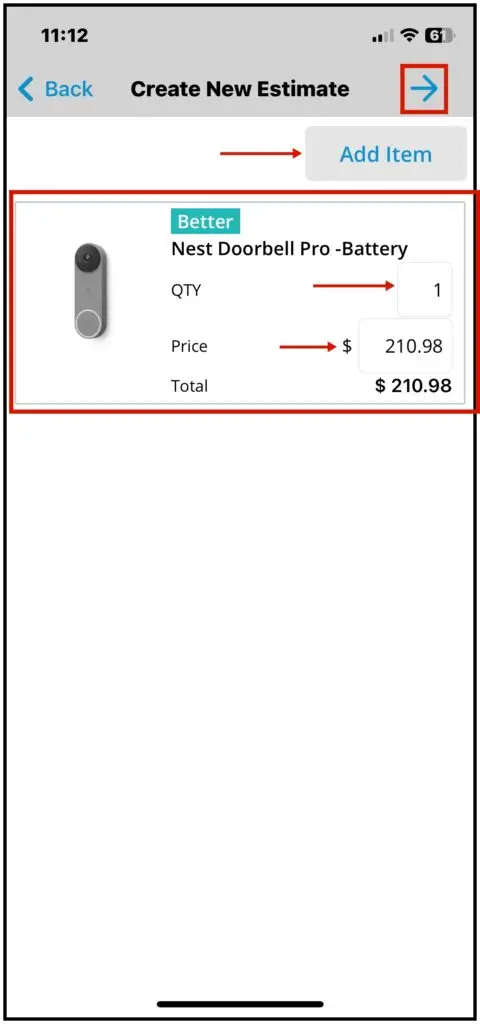 An added flat-rate item with quantity and price, plus Add Item and the arrow icon
