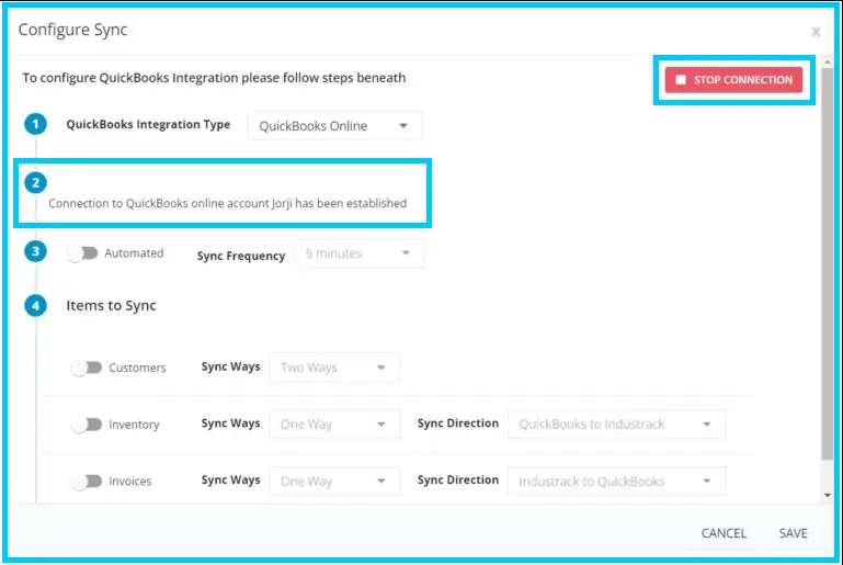 The QuickBooks integration page showing the connection, with the Stop Connection button