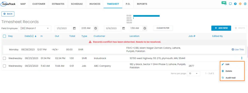 The three-dot menu on a timesheet record
